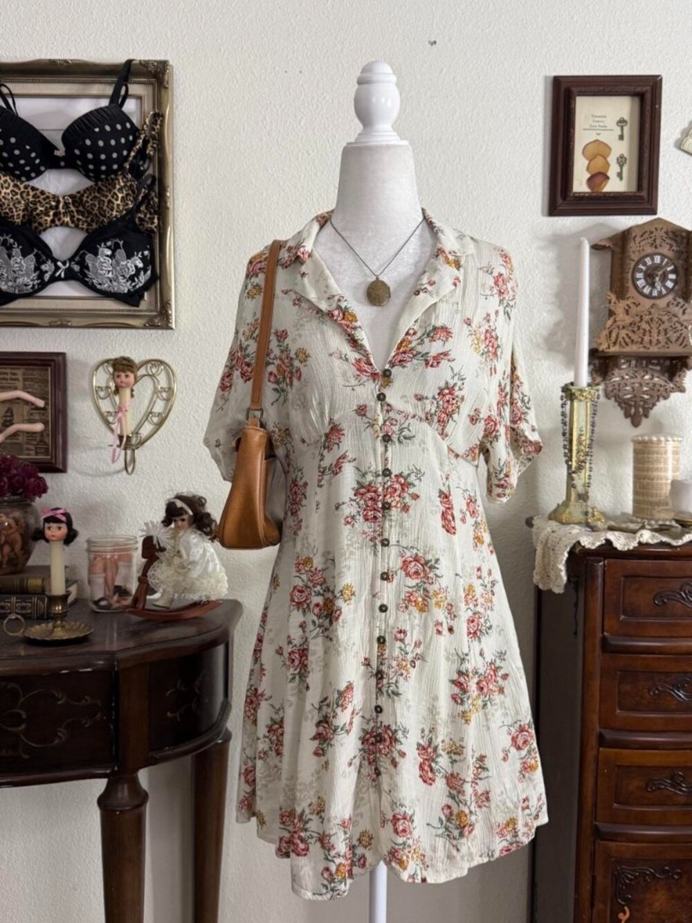 Boho whimsical dainty floral button down mini dress